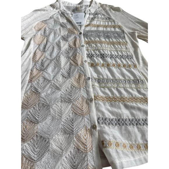 Anthropologie Tiny Button Up Embroidered Shirt White Size Medium Petite - Picture 5 of 11